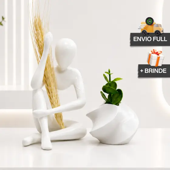 Kit Vaso COM Planta Artificial e Escultura Decorativa Sentada COM Trigo + Presente Decoração Moderna Elegante Casa