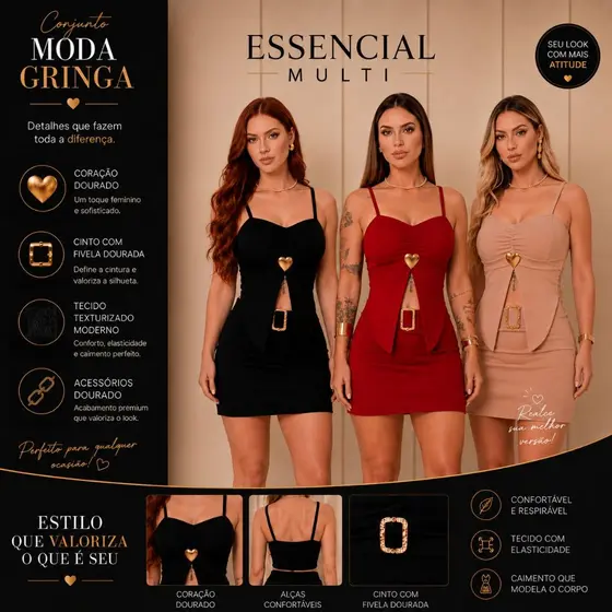Conjunto Cropped Alcinha + Short Saia com Cinto Fivela e Coração dourado- Tendência 2026