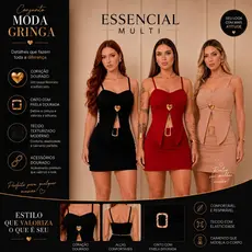 Conjunto Cropped Alcinha + Short Saia com Cinto Fivela e Coração dourado- Tendência 2026