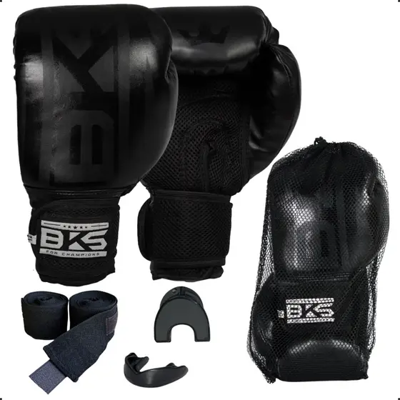 Kit BKS Luva Boxe Profissional 8/10/12/14/16oz Kickboxing Muay Thai + Bandagem 3m + Protetor Bucal