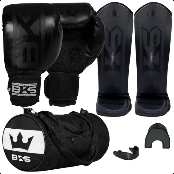 Kit BKS Luva De Boxe Kickboxing Muay Thai + Caneleira + Bolsa Com Bolso + Protetor Bucal Moldável