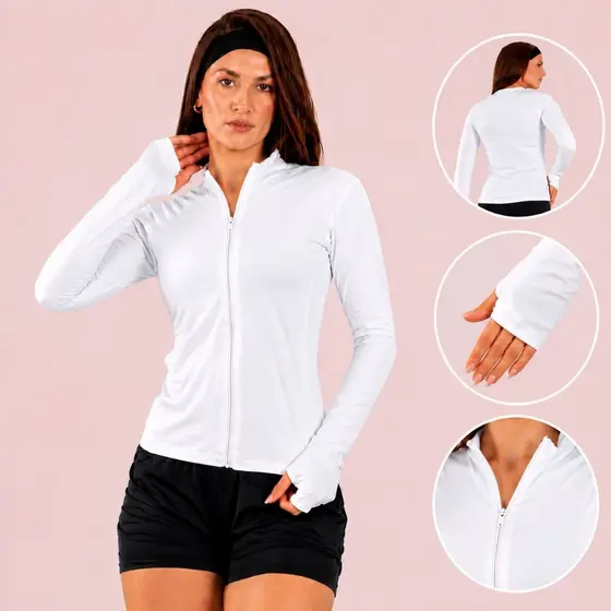 Camisa UV Feminina Proteção Solar UV50+ Com Zíper Manga Longa Academia Corrida Praia Fitness