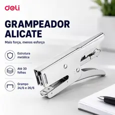 Grampeador Alicate Deli E39803 30 Folhas 24/6 e 26/6 Metal Reforçado Profissional Prata