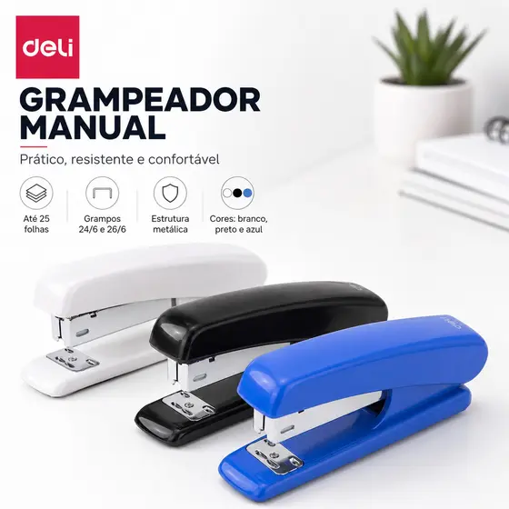 Grampeador Deli E0312 25 Folhas Metal Reforçado 24/6 26/6 Escritório Escola branco/preto/azul