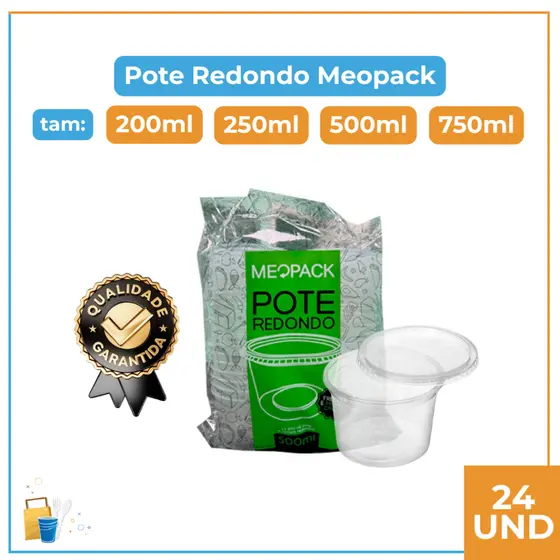Pote Redondo com Tampa 24und 500ml 250ml 200ml Para Alimentos e Sobremesa Plástico