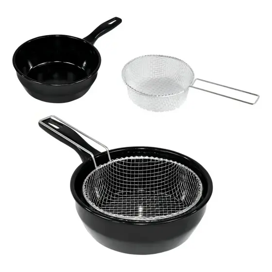 Frigideira Fritatudo 20cm Com Cesto Esmaltada 1,5L Fritadeira Óleo Antiaderente Preta