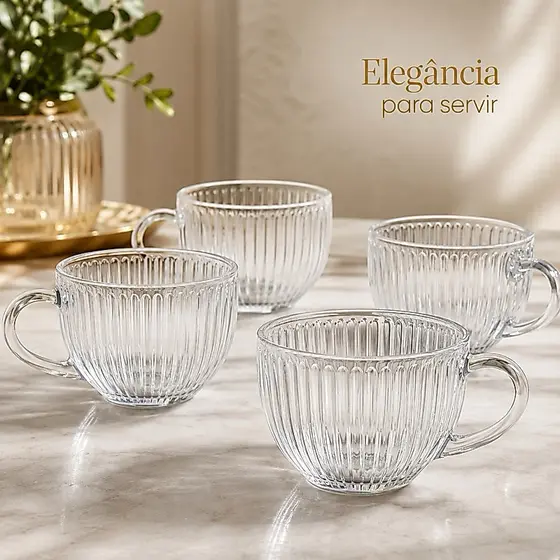 Jogo 4 Xícaras Lines Dumiat 240ml Vidro Transparente Café Chá Cappuccino Sem Pires