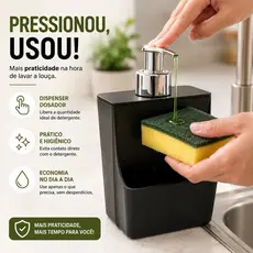 Porta Detergente Xplast 550ml com Dispenser Organizador de Pia Cozinha Preto para Detergente e Esponja Prático Compacto