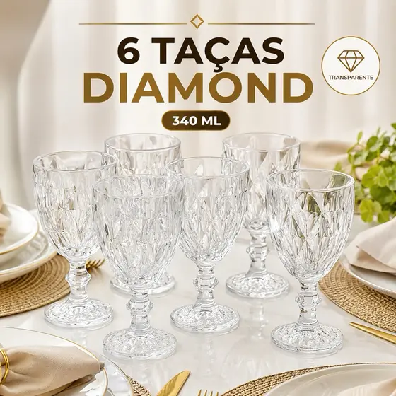 Jogo 6 Taças Diamond Gamma 340ml Vidro Transparente Água Vinho Suco Mesa Posta