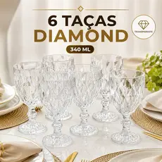 Jogo 6 Taças Diamond Gamma 340ml Vidro Transparente Água Vinho Suco Mesa Posta