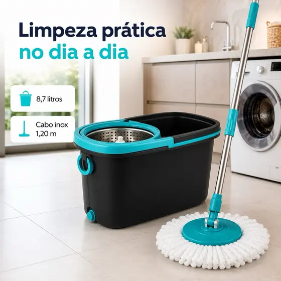 Mop Giratório 360 Xplast Home 8,7L Cabo Inox 1,20m Refil Microfibra Alta Absorção Limpeza de Pisos