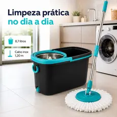 Mop Giratório 360 Xplast Home 8,7L Cabo Inox 1,20m Refil Microfibra Alta Absorção Limpeza de Pisos