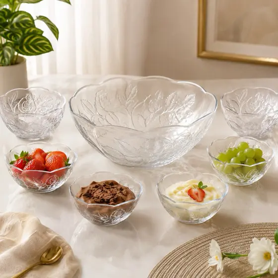 Conjunto Bowl de Vidro Dumiat Rose 7 Peças 1,5L + 6 Bowls 310ml Salada Sobremesa Frutas