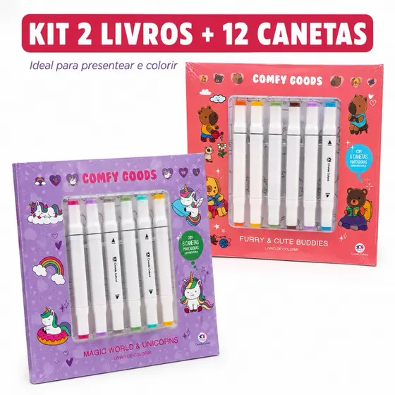 Kit 2 Livros de Colorir Comfy Goods com 12 Canetas Marcadoras Ponta Dupla