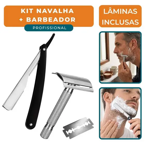 Kit Navalhete + Barbeador Retrô Classico Profissional Barbeiro Com Laminas Acabamento De Cabelo