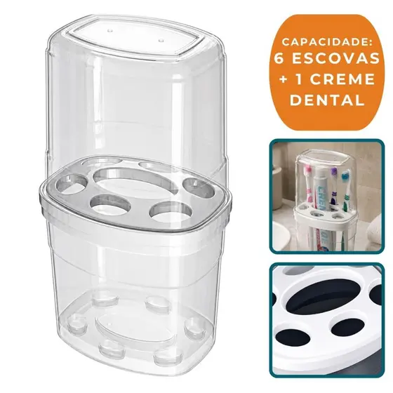 Porta Escova de Dente Banheiro Com Tampa Plástico Transparente 6 Escovas + 1 Creme Dental NITRONPLAST