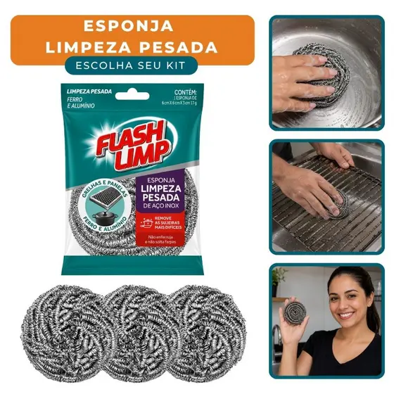 Kit Esponja de Aço Limpeza Pesada Flash Limp Panela Aluminio Grelha Assadeira