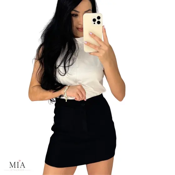 Short Saia Feminino Botão Alfaitaria Bengaline Frente e trás Feminino Tradicional Com Ziper