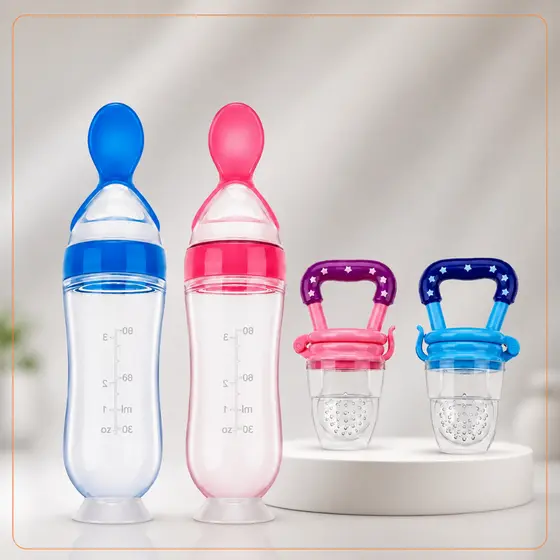 Alimentação Infantil Chupeta Mordedor Porta Frutas e Mamadeira de Silicone com Colher Dosadora 90ml
