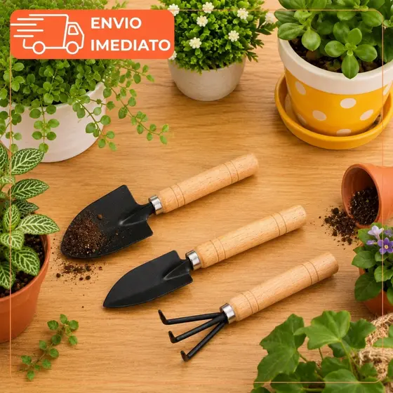 Ferramentas de Jardinagem Kit 3 em 1 com Pás e Rastelo Madeira e Aço para Jardim Vaso Horta em Casa
