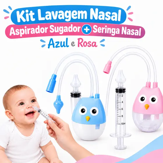 Kit Lavagem Nasal Infantil Bebê Seringa Lavador Nariz Bico de Silicone + Aspirador Sugador Meleca