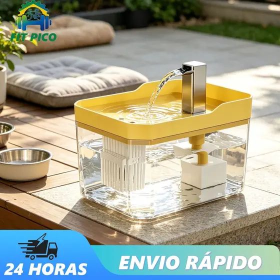 Dispensador de Água Automático para Pets - Amarela Transparente Filtro de Carvão USB Silencioso 1,5L