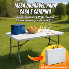 Mesa Dobrável Portátil De Plástico Que Vira Maleta Para Camping Praia Churrasco Branca/Preto 180cm