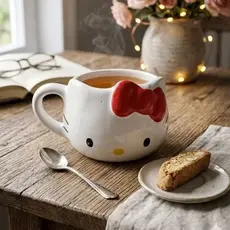 Caneca Formato Hello Kitty 3D Zona Criativa Oficial Licenciada Kawaii Presente Fofo Decoração Porcelana Laço Vermelho