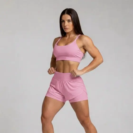 conjunto fitnes de academia com short duplo com compress茫o