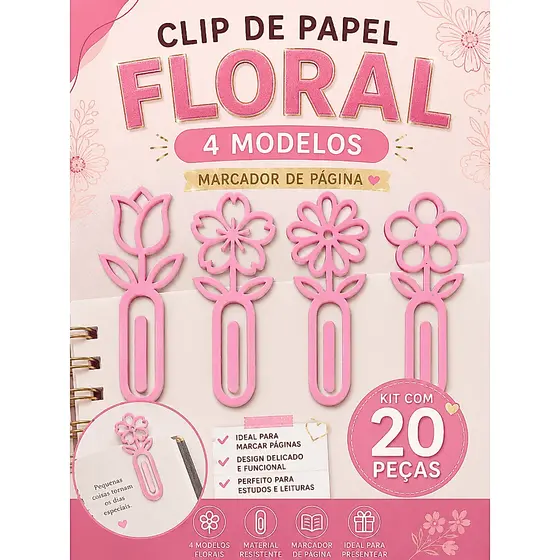 Kit 20 Clips de Papel Floral Marcador de Página 4 Modelos