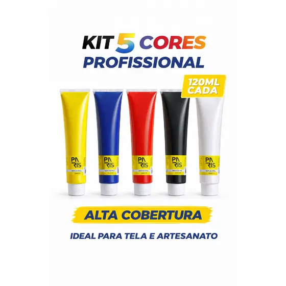 Kit Tinta Acrílica Artística 5 Cores 120ml Paris Profissional Pintura Tela Tecido MDF Artesanato