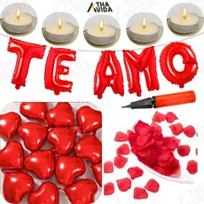 Kit Romântico - 600 Pétalas + 10 Velas + 10 Balões Coração + Balão Te Amo + Fitilho + Bomba