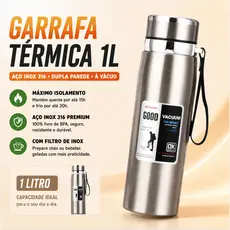 Garrafa Térmica Inox 316 Parede Dupla 1000ml Com Infusor Água Café Alça
