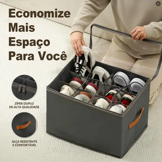 Cinza Caixa Organizadora 6 Pares de Sapato 43x32x30cm | Dobrável com Tampa Transparente e Divisórias