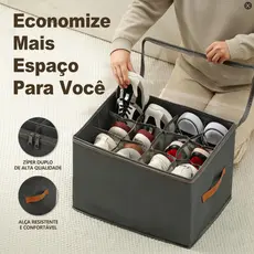 Cinza Caixa Organizadora 6 Pares de Sapato 43x32x30cm | Dobrável com Tampa Transparente e Divisórias