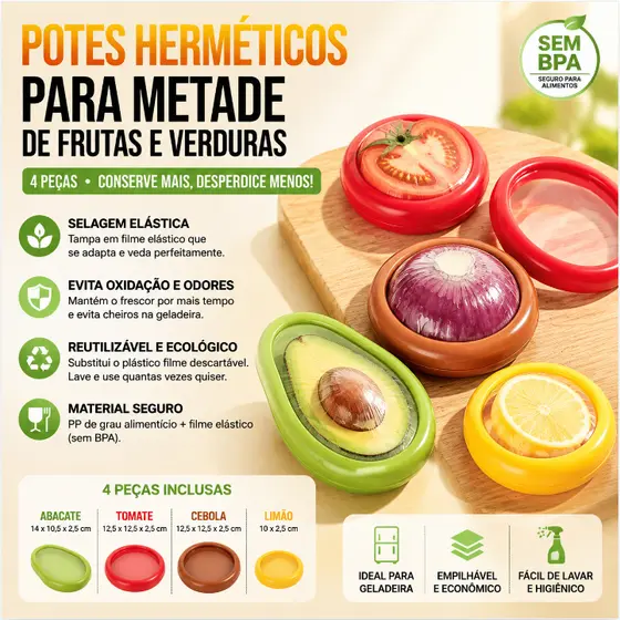 4Pcs Caixa de Silicone Armazenamento Frutas/Legumes: Reutilizável, Mantém Cebola/Abacate Frescos