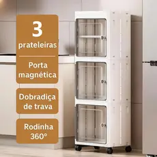 Armário Multiuso com Tampa e Rodinhas Caixa Organizadora Dobrável Partição de 3 camadas