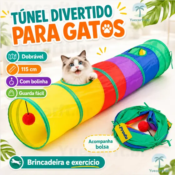 Túnel Colorido Gato Interativo Cachorro Labirinto Dobrável Pet Playground Toca Brinquedos Gatos