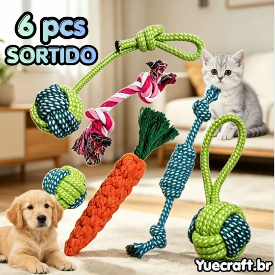 Brinquedo Pet Corda, kit com 6 Unidades , Mordedor para Cachorro, Resistente Interativo, Porte Médio