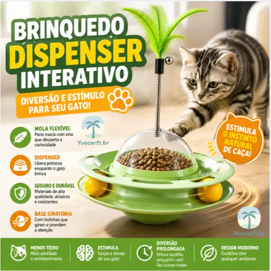Brinquedo Educativo para Gato Dispenser de Ração Lenta com Base Giratória 360° e Pena com Sino