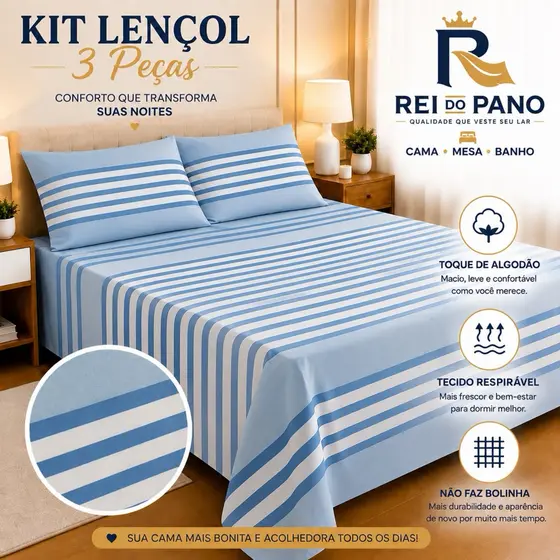 kit Lençol 3Pçs Casal Queen Percal 500 Fios Linha Luxo Premium