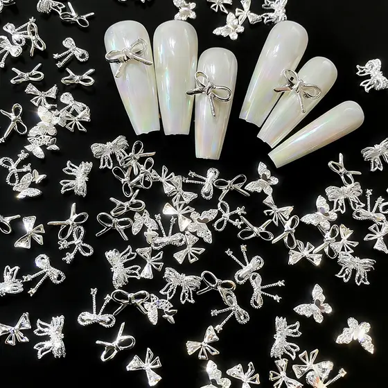 20 Pçs Requintado Laço Bowknot 3D Encantos Da Arte Do Prego Liga Ouro Prata Borboleta Decoração Strass DIY