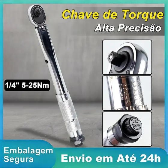 Chave Torquímetro Mini De Estalo 1/4" 5-25Nm Click Reversível Crv Para Mecânica Automotiva e Motos