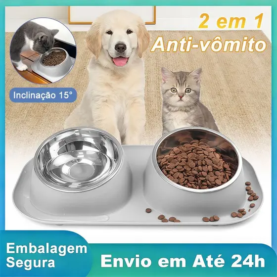 Comedouro Bebedouro 2 em 1 para Cachorro e Gato Tigela Aço Inox Removível Antiderrapante