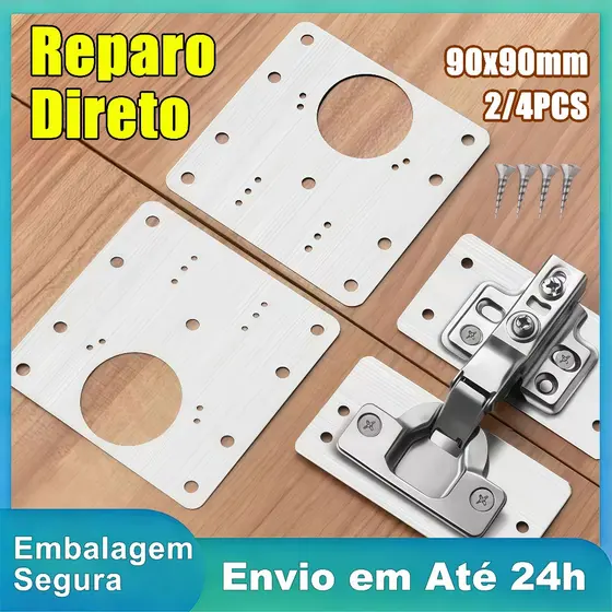 Kit Placas Reparo Dobradiça 35mm Aço Inox Porta Armário c/ Parafusos