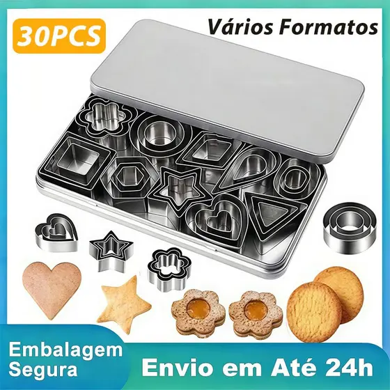 Conjunto 30 Cortadores de Biscoito Aço Inoxidável Formas Variadas Confeitaria Doces Artesanais