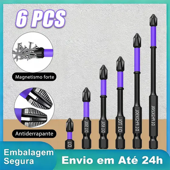 Jogo 6 Ponteiras Philips Magnéticas PH2 Antiderrapante Para Parafusadeira Elétrica Bits de Impacto