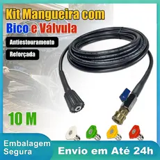 Mangueira De Alta Pressão 10m Reforçada Antiestouramento + Válvula E Bico Injetor Para Lavadora