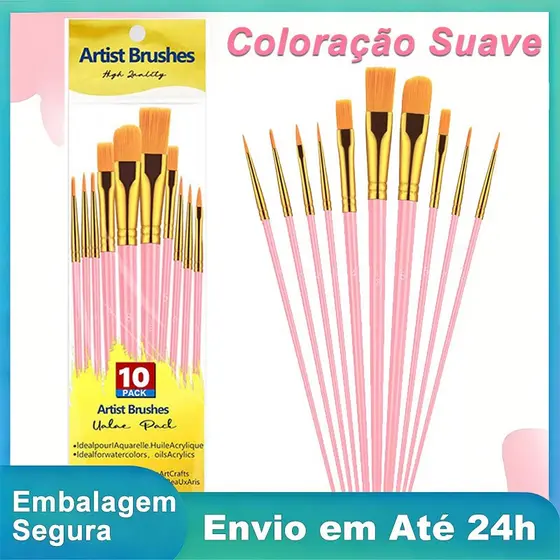Kit 10 Pincéis Artísticos Cerdas Macias para Aquarela, Guache, Óleo e Acrílico