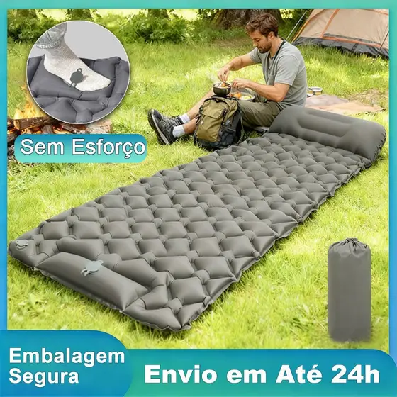 Colchão de Ar Camping 190cm com Travesseiro Almofada e Bomba Embutida